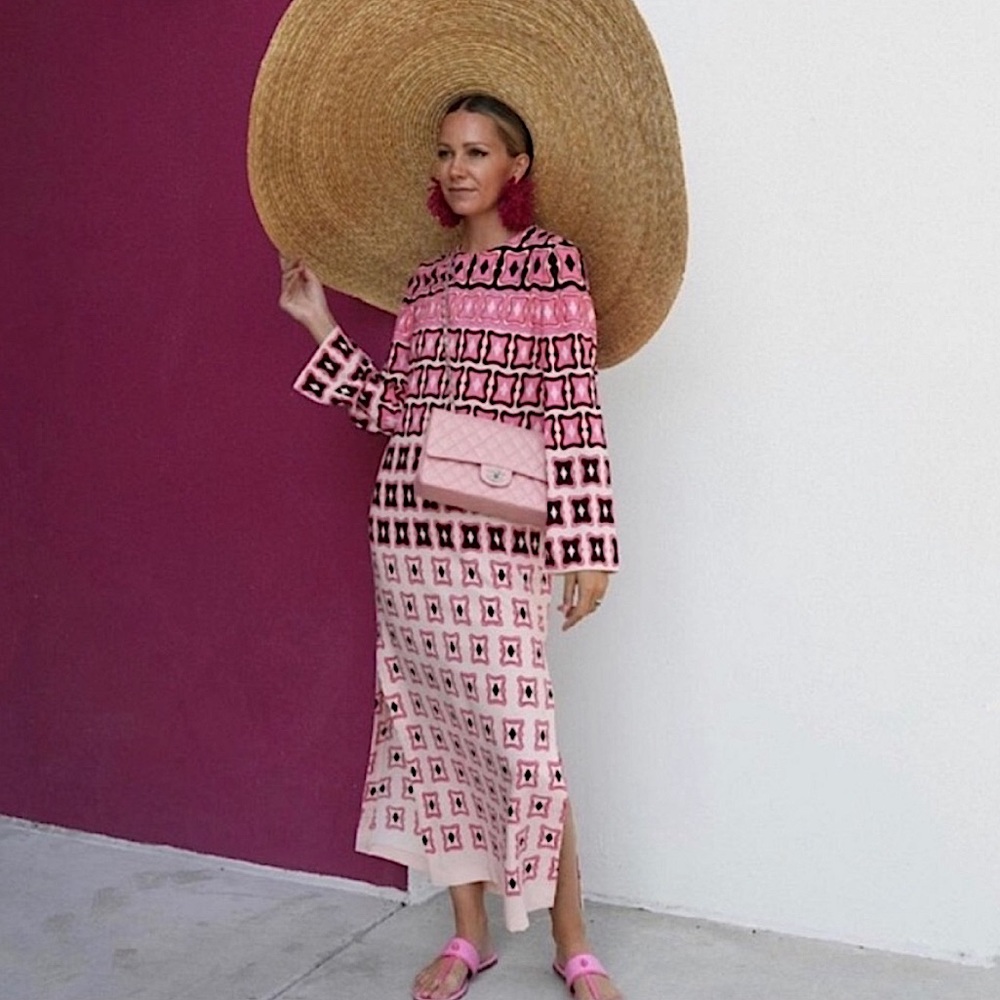 Zara Printed Maxi Dress with Side Slit in Pink and Black - Size Small